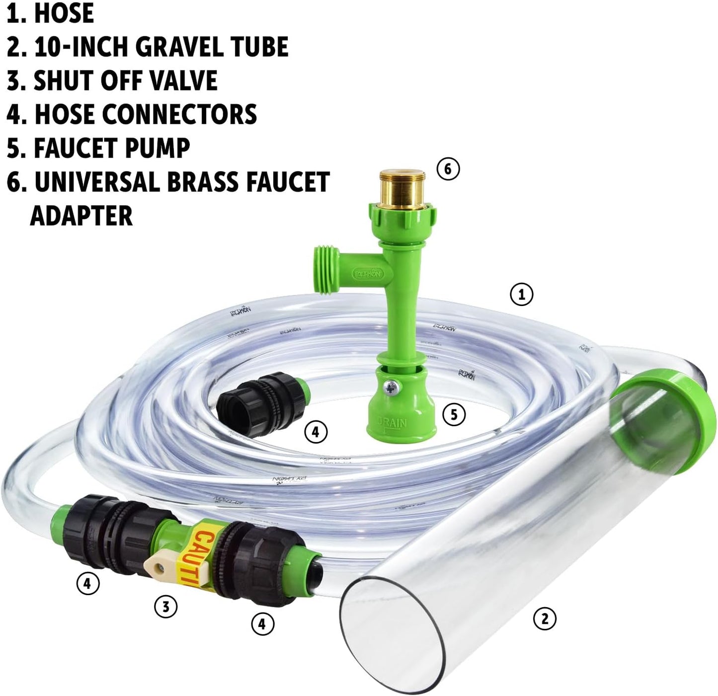 Clear gravel tube vacuum component connected to Python green tubing