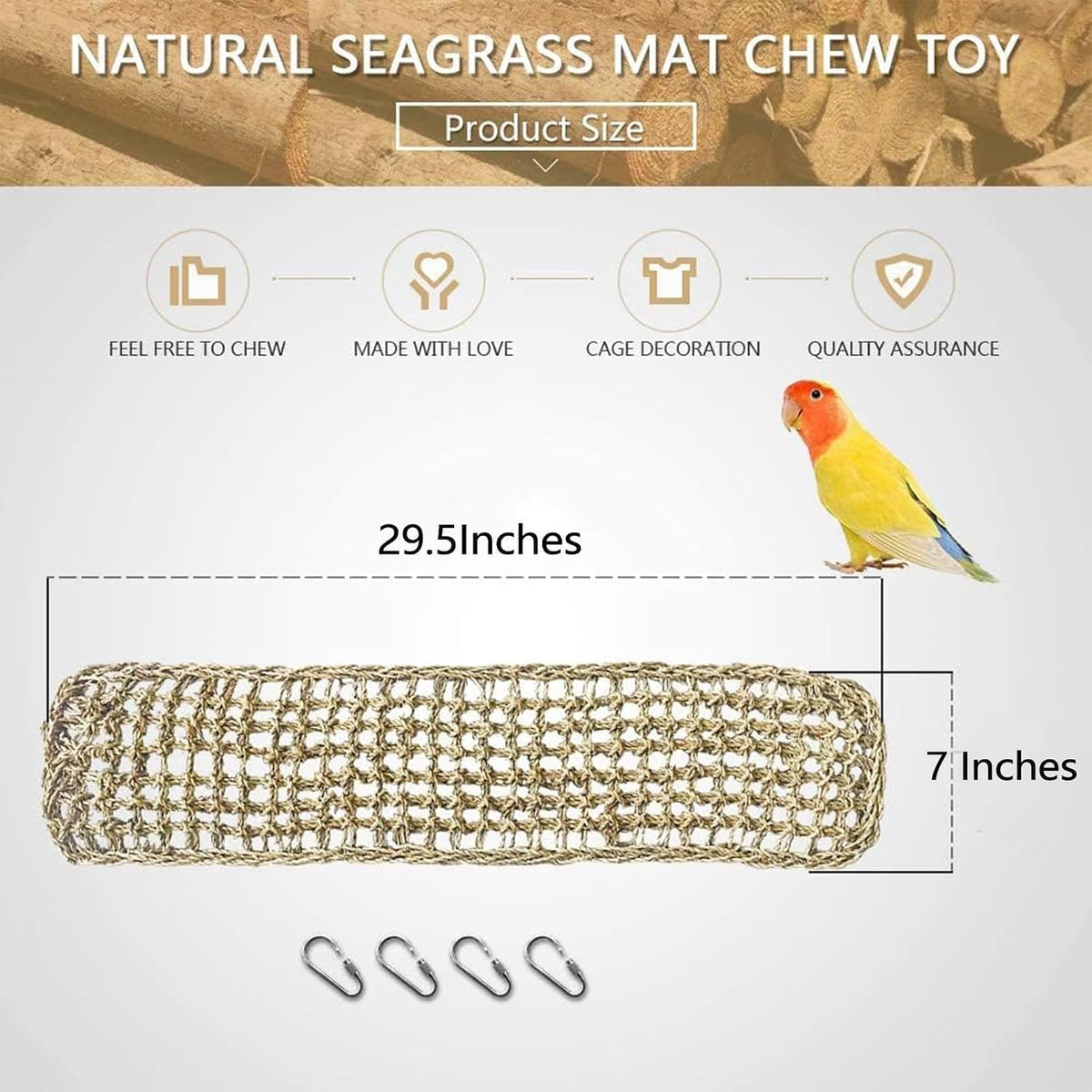 Bird Seagrass Mat 30 x 7 Inch Parrot Natural Seagrass Woven Net Hammock Parakeet Climbing Rope Ladder Mat Chew Toys Cage Accessories for Pigeon Macaw Cockatiel Conure Cockatoo Rat Bearded Dragon - Image 6