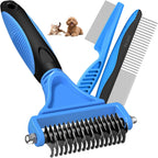 UGNEL 3PCS Pet Grooming Rake and Comb Set front view showing the blue de-shedding brush and metal combs