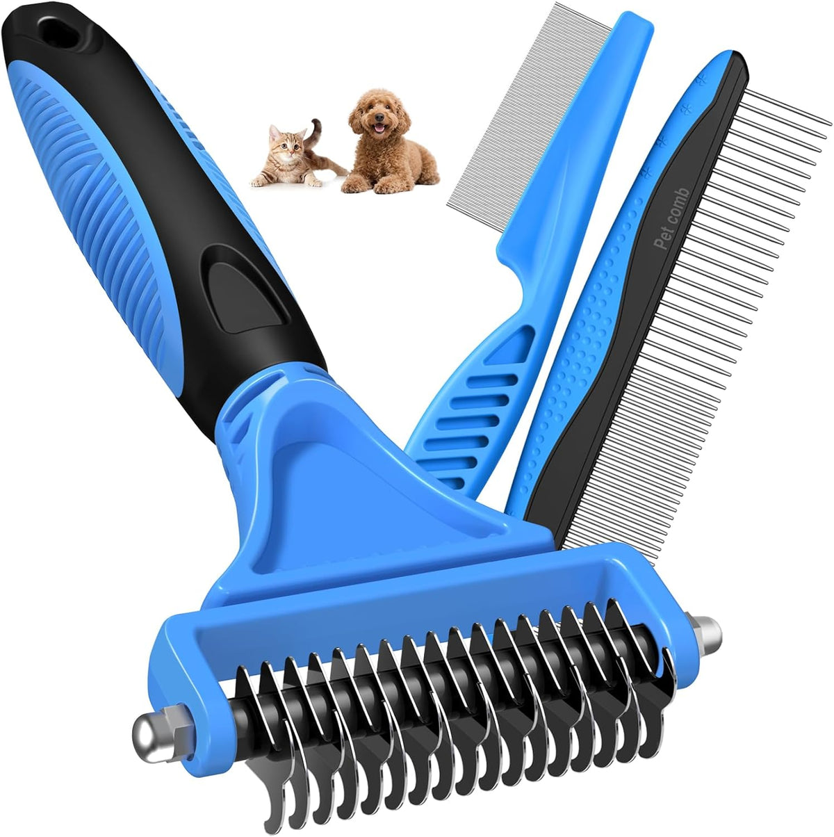 UGNEL 3PCS Pet Grooming Rake and Comb Set front view showing the blue de-shedding brush and metal combs
