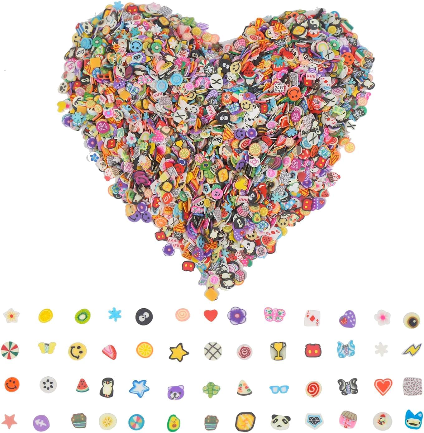 DIYASY 5000 Pieces 3D Nail Art Slice front view of packaging featuring assorted multi-colored polymer clay shapes.