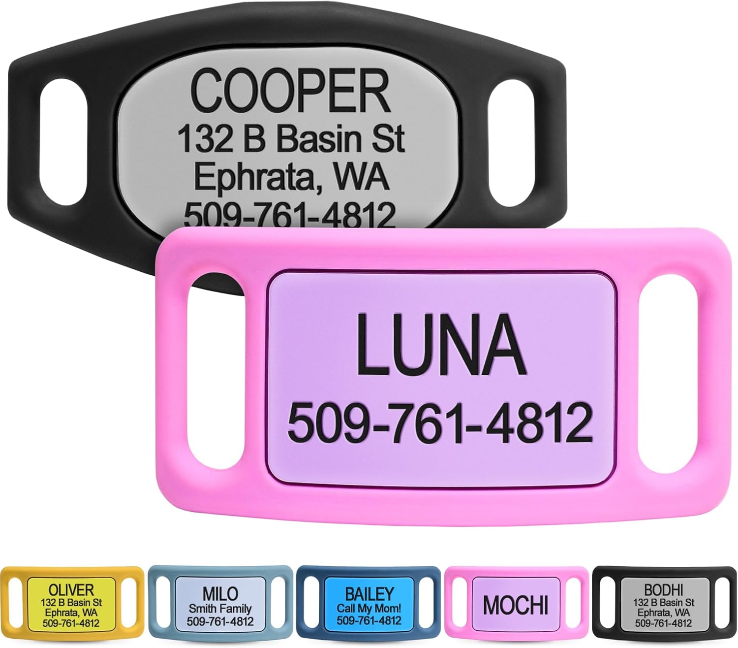 GoTags Silicone Slide On Pet ID Tag front view showing custom engraving on blue material