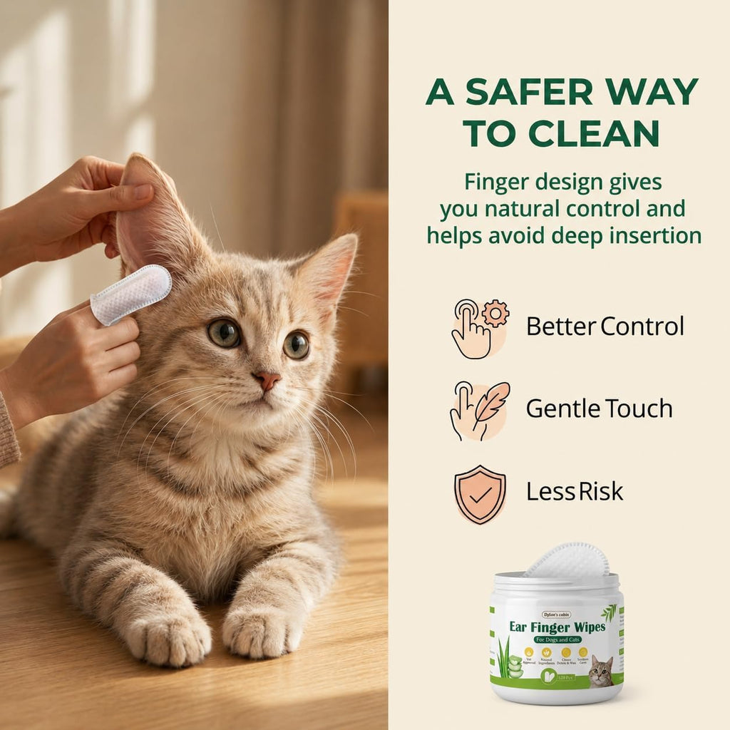 Close up of Dylan's cabin finger wipe on human hand for pet ear cleaning