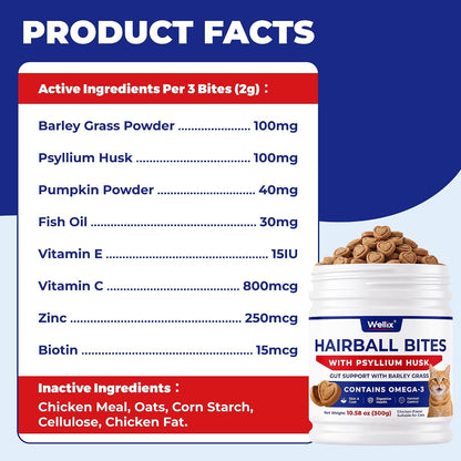 Close up view of Wellix hairball bites containing omega three fish oil