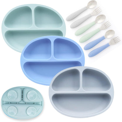 Elk and Friends silicone suction plate and stainless steel silverware set front view