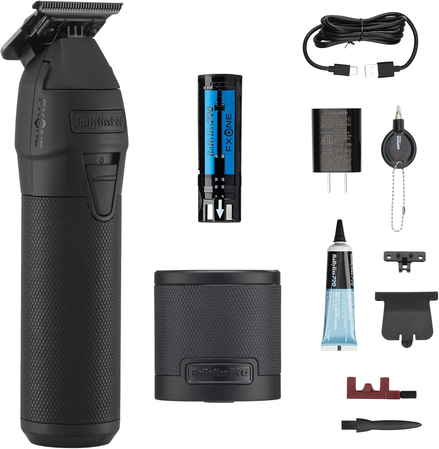 BaBylissPRO FXONE BlackFX professional cordless outlining trimmer front view showcasing sleek black finish