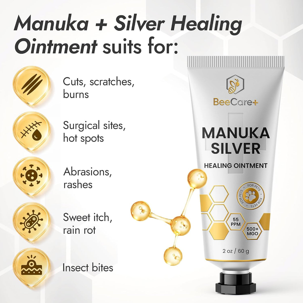 M Manuka Vet pet wound gel packaging displaying 500 plus MGO and 55 PPM colloidal silver details