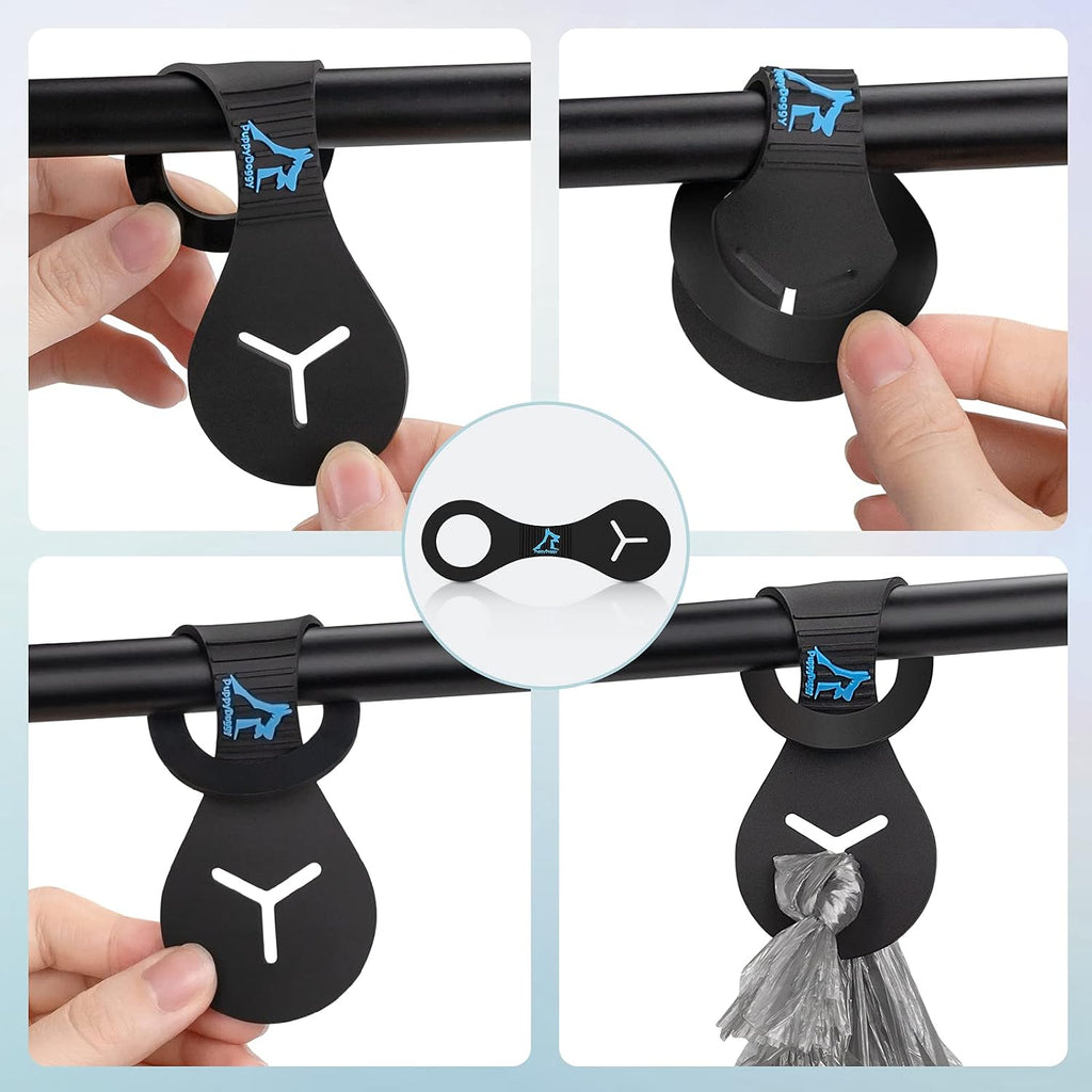 Two pack of black non toxic rubber doggy poop bag clips with metal carabiner