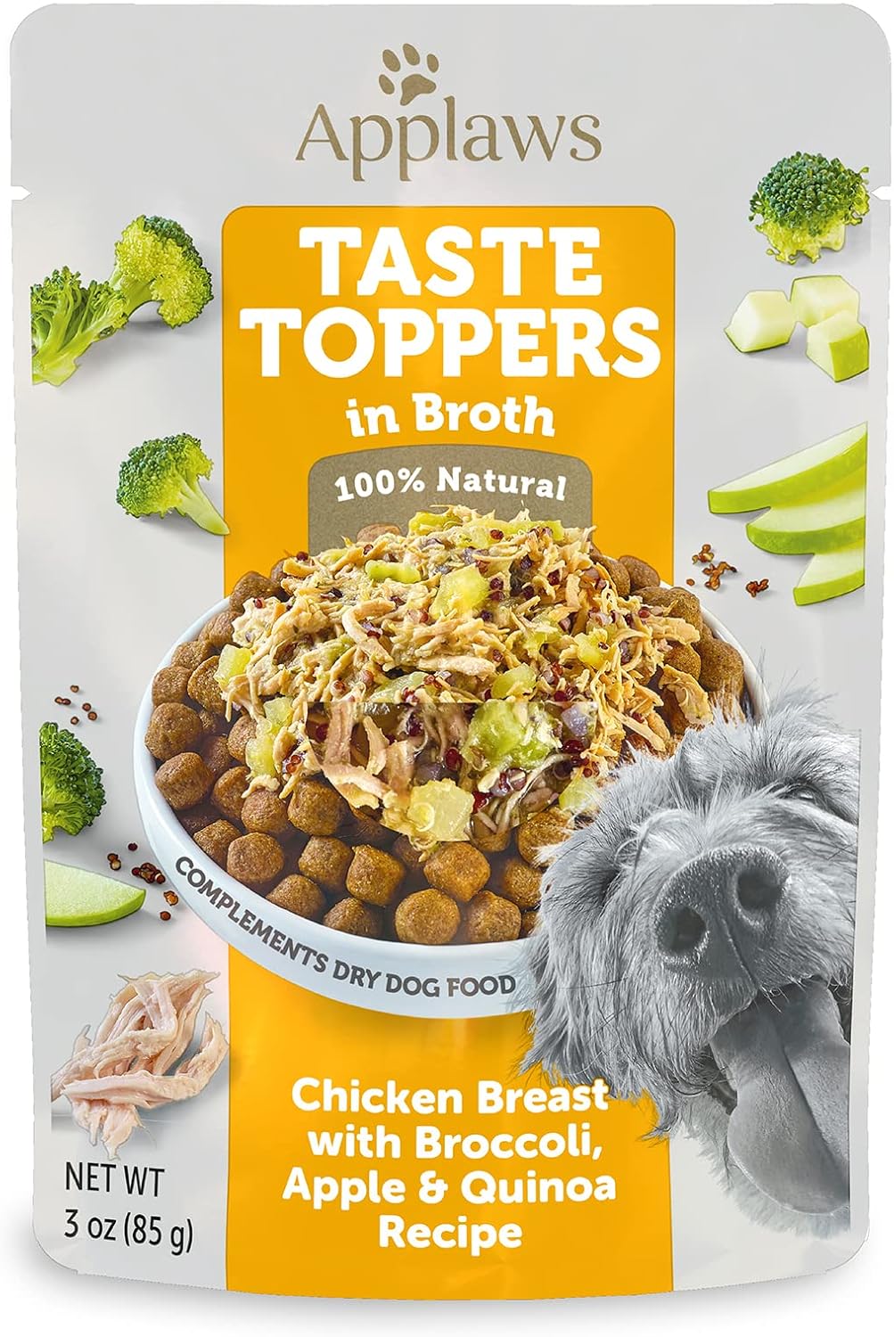 Grain-free dog food topper pouch nutritional label