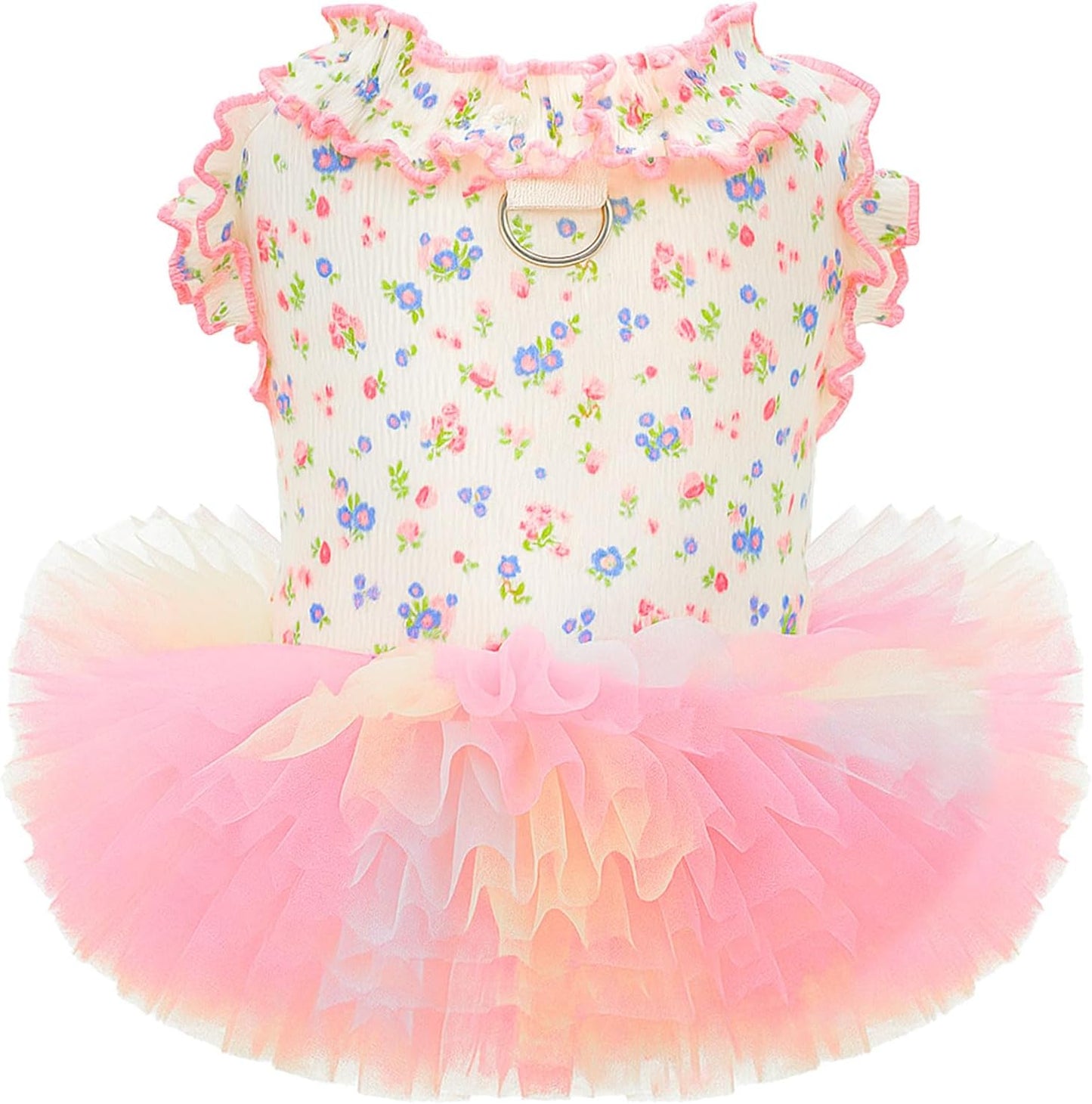 AXIIJGL floral dog and cat tutu dress front view featuring pink flowers and rainbow tulle.