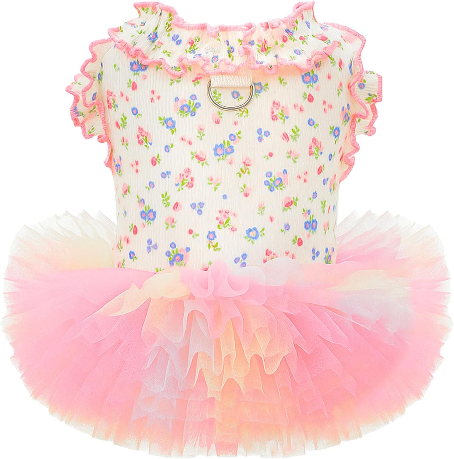 AXIIJGL floral dog and cat tutu dress front view featuring pink flowers and rainbow tulle.