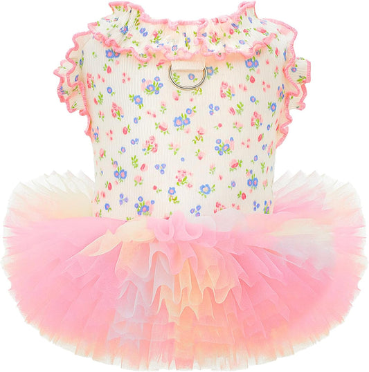AXIIJGL floral dog and cat tutu dress front view featuring pink flowers and rainbow tulle.
