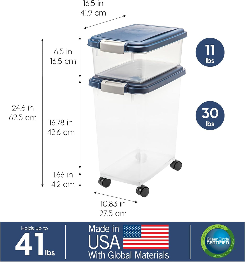 IRIS USA Dog Food Storage Container 30 lb + 11 lb, Stackable Combo Set, Airtight Pet Food Storage Bins with Wheels for Dog Cat Bird Chicken Food, BPA Free, Made in USA, Navy - Image 4