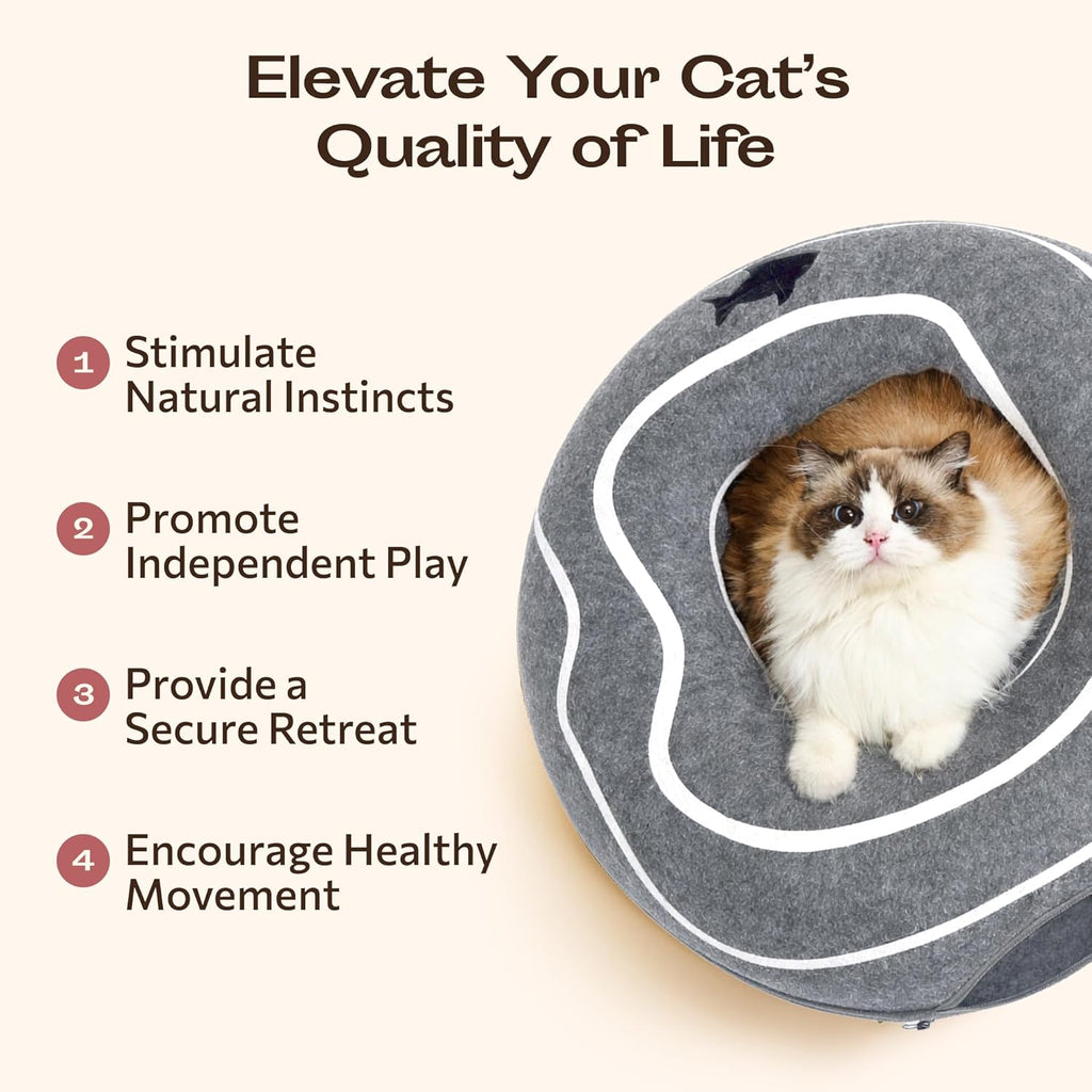 Meowfia Peekaboo cat bed set up in a modern living room