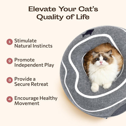 Meowfia Peekaboo cat bed set up in a modern living room