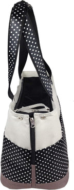 Pet Life dog carrier with mesh sunroof and polka dot pattern