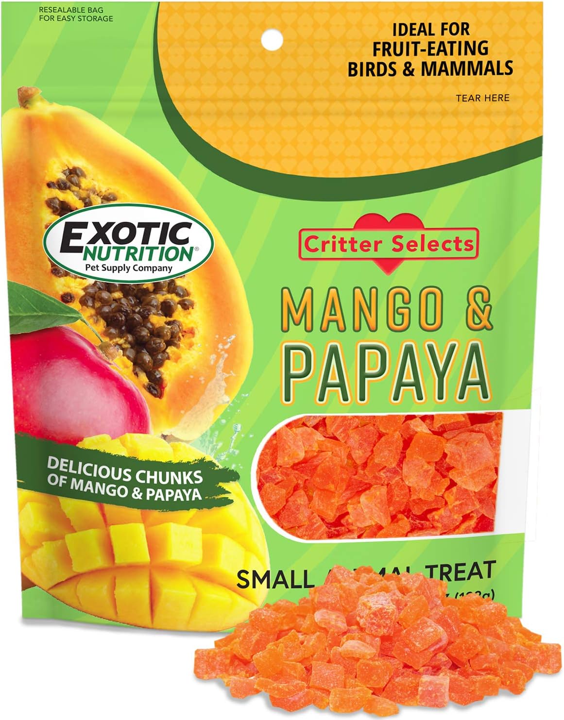 Exotic Nutrition Mango And Papaya Treat front view packaging showing dried fruit chunks for small animals