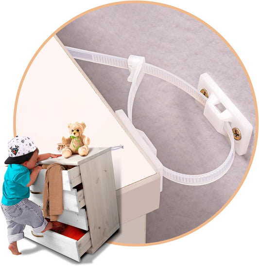 Axyloeva furniture anchors front view showcasing the complete twelve pairs baby proofing kit elements including brackets and adjustable safety straps.