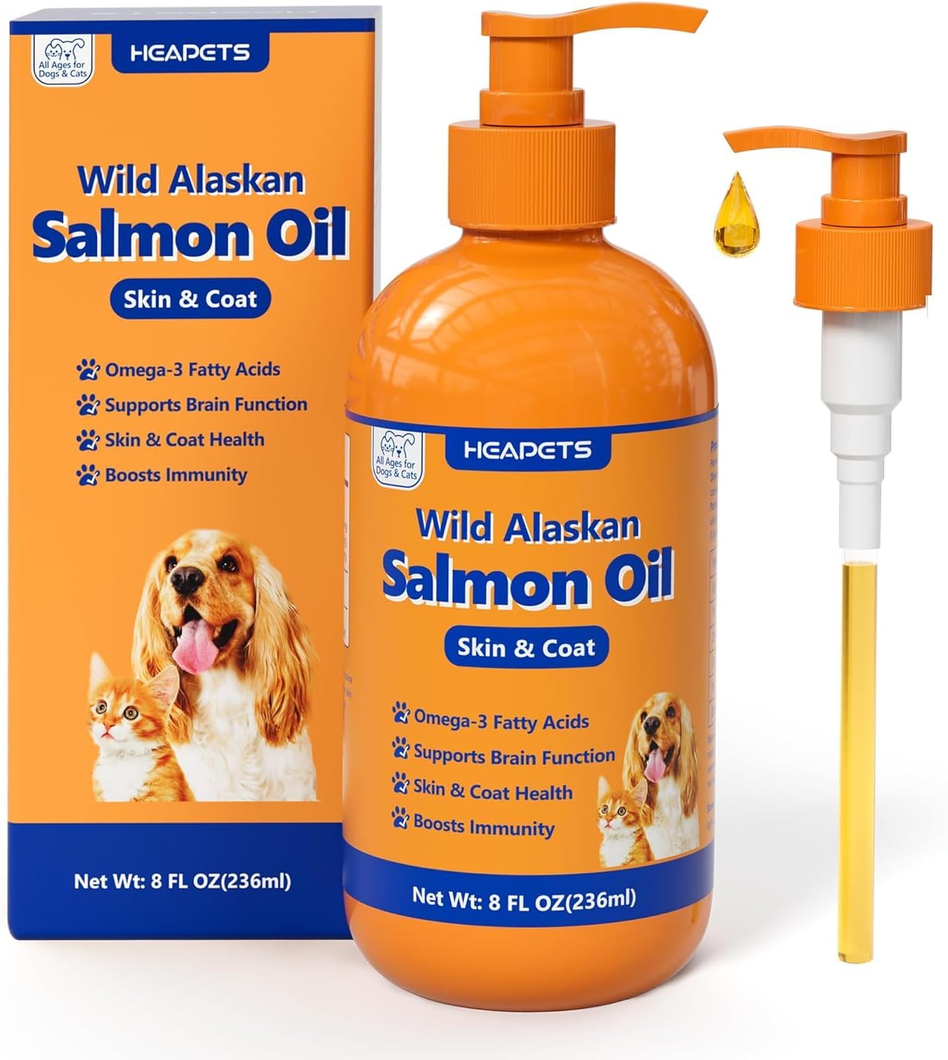 Heapets Wild Alaskan Salmon Oil pet supplement front view bottle with pump dispenser