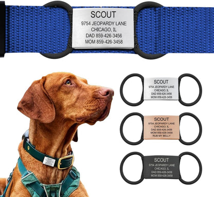 ROAD iD Pet ID Slate front view on a nylon dog collar showing personalized laser engraving.