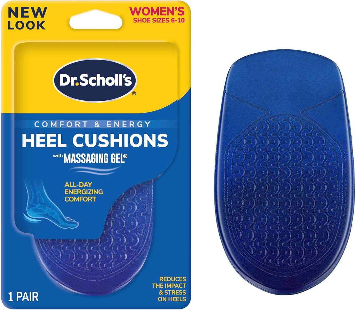 A pair of authentic imported Dr. Scholl's gel shoe inserts laid flat showing the complete shape and thickness profile.