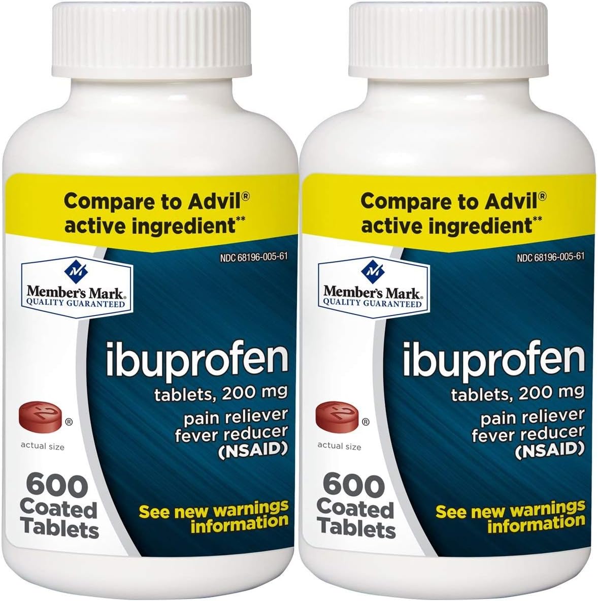 Member's Mark Ibuprofen 200 mg 600 coated tablets bottle front view for pain relief.