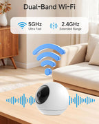 Noorio 2K UHD smart baby monitor highlighting the pan and tilt rotation capabilities
