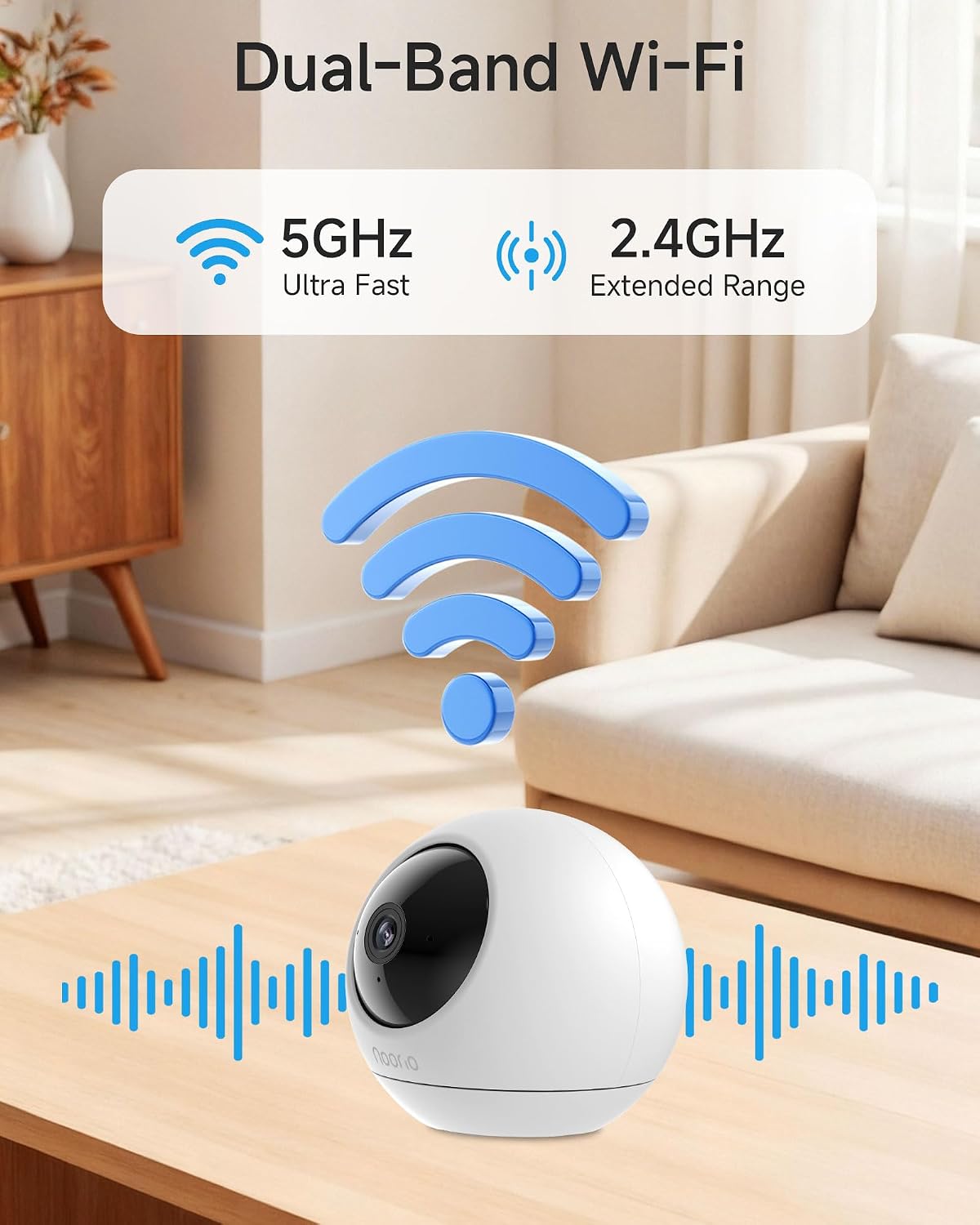 Noorio 2K UHD smart baby monitor highlighting the pan and tilt rotation capabilities