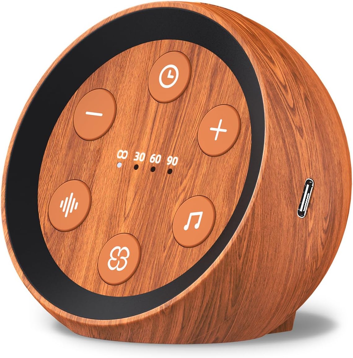 SoundMe portable white noise sleep machine front view in teak wood finish
