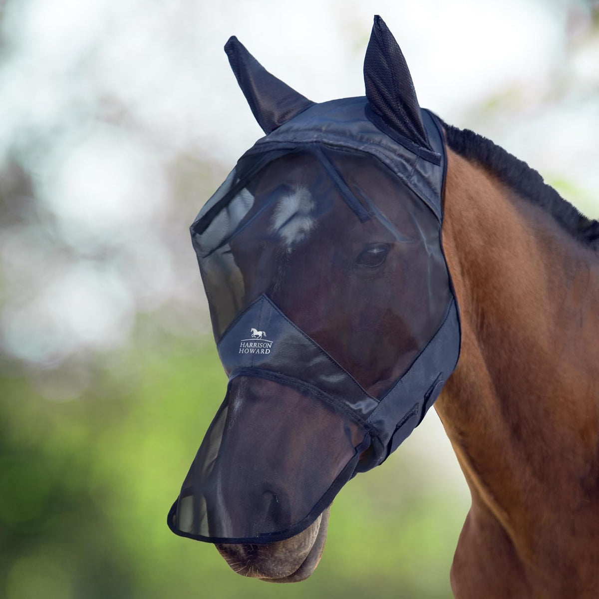 Harrison Howard CareMaster horse fly mask front view with long nose and ears