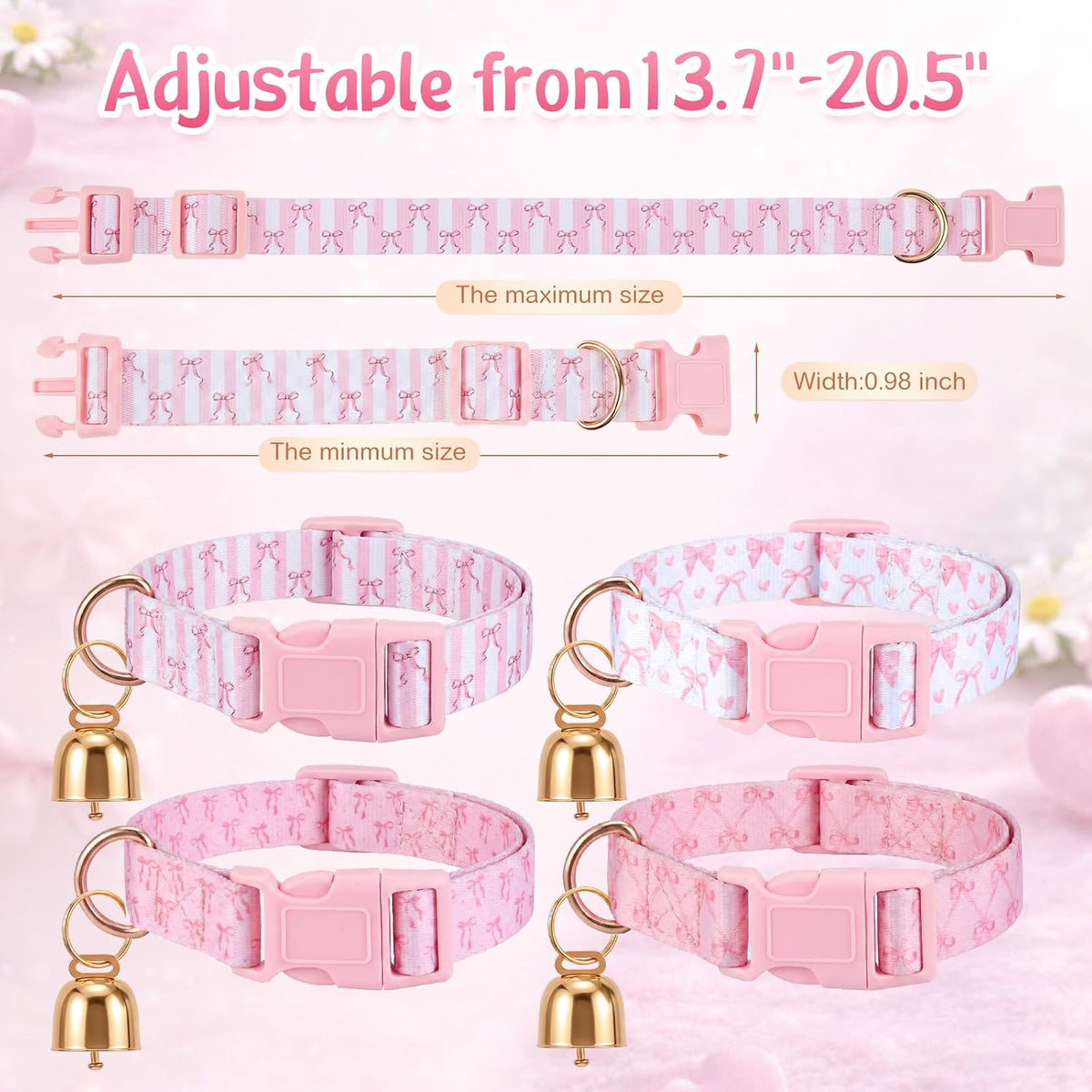 Adjustable nylon farm animal collars with quick release buckles laid out flat to display all four matching pieces.