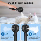 Black steamy cat brush demonstrating the cool mist function for static control.