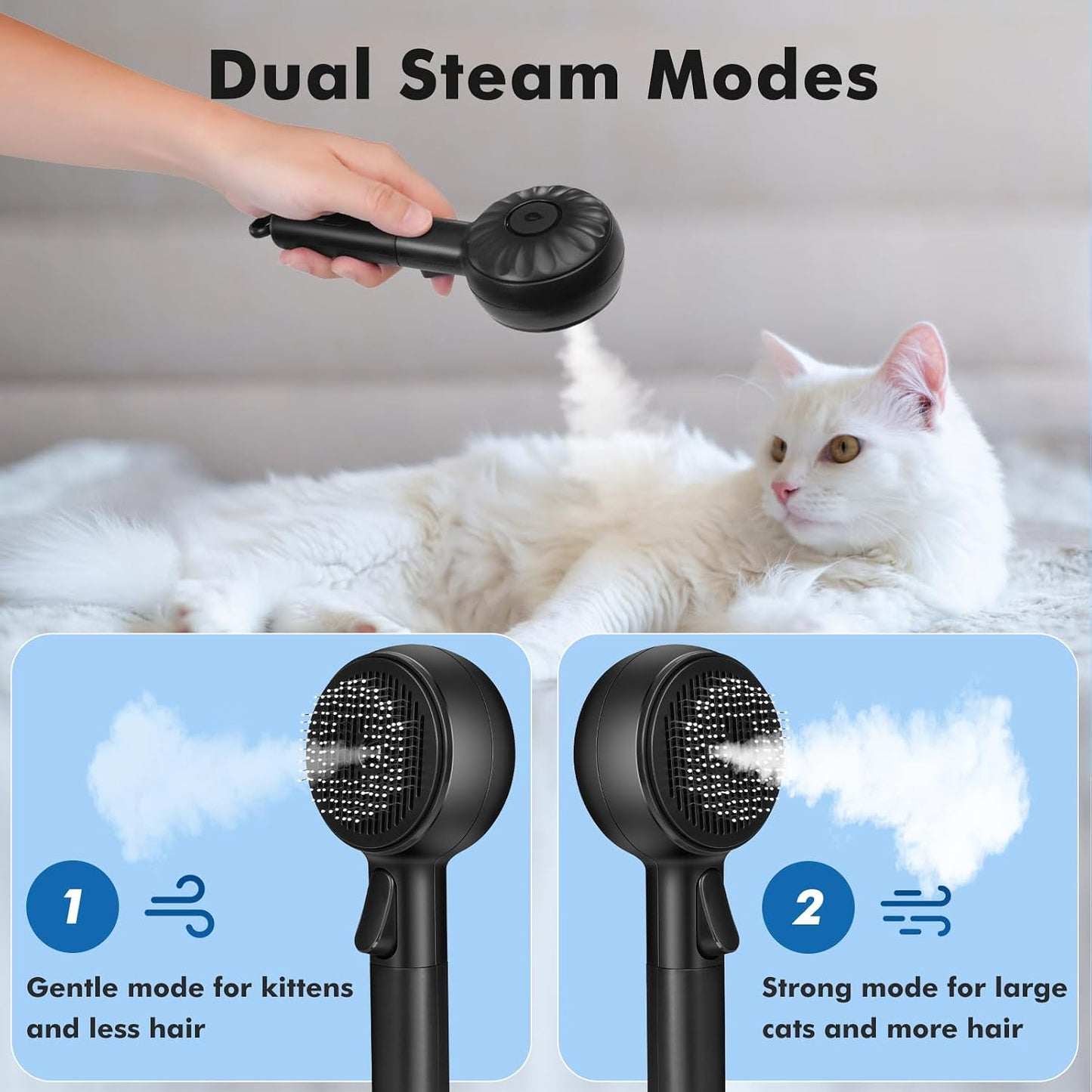 Black steamy cat brush demonstrating the cool mist function for static control.