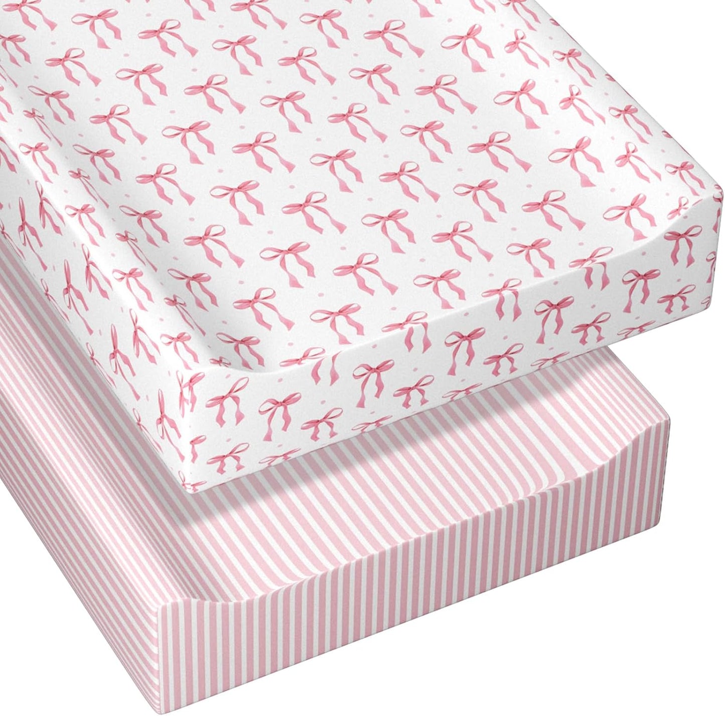 Peryiter pink bow baby changing pad cover front view showing the fitted sheet design.