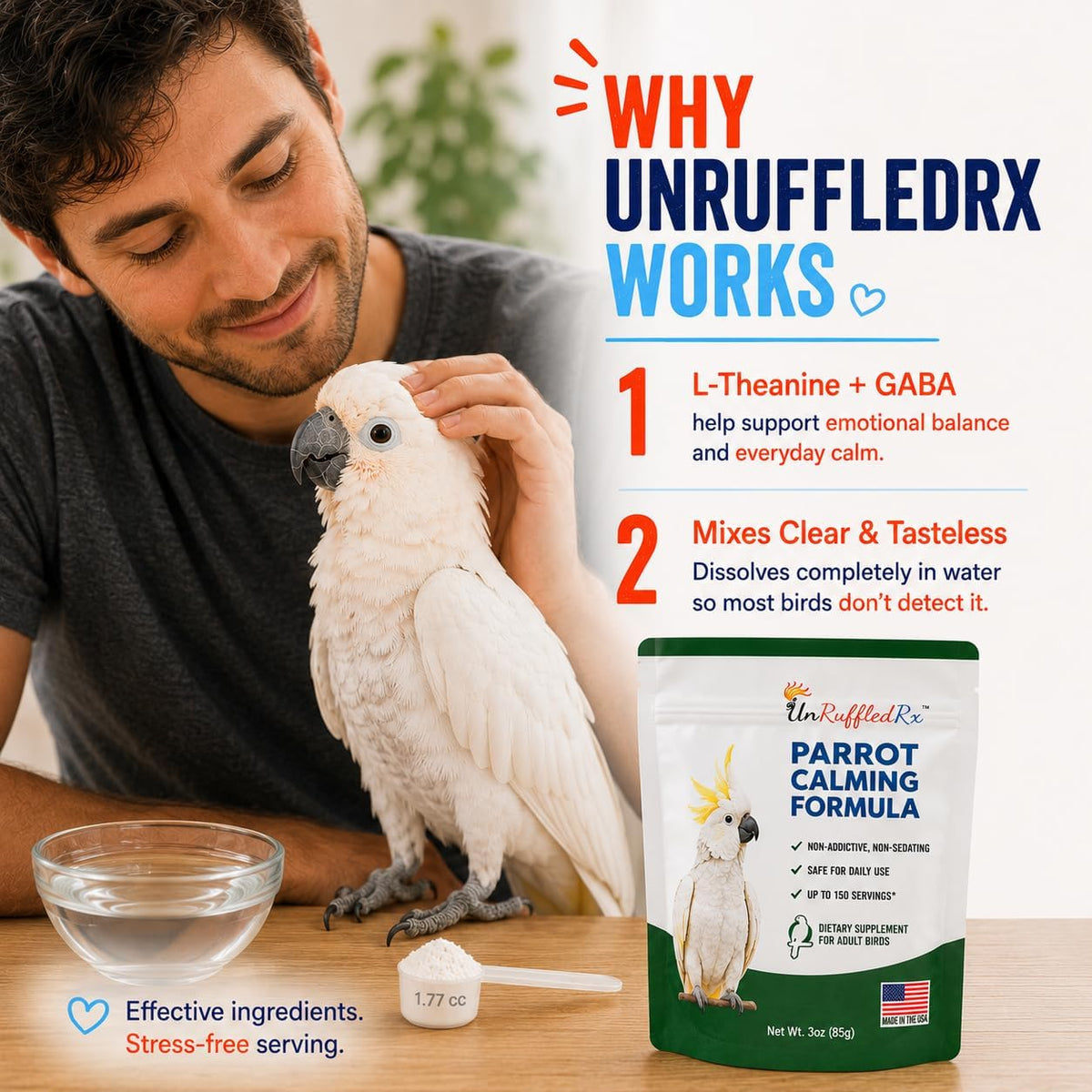 Bird eating food with UnRuffledRx calming powder added