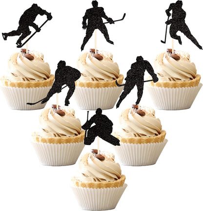 Zhuoweism hockey cupcake toppers front view with black glitter player silhouettes