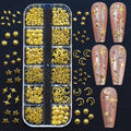 Jaliya gold nail charms front view in 12-grid box