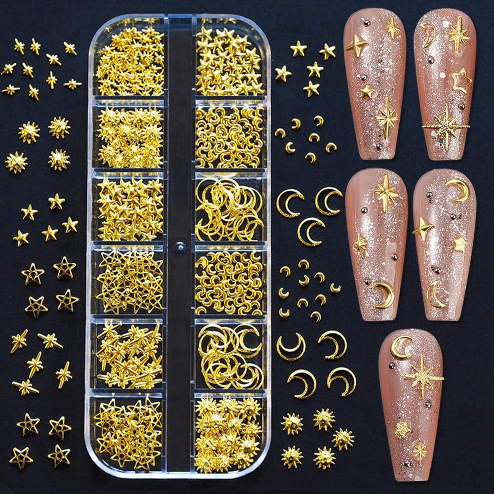 Jaliya 450 Pieces Sun Moon Stars Gold Nail Charms front view of organized 12-grid box showing metallic celestial studs.