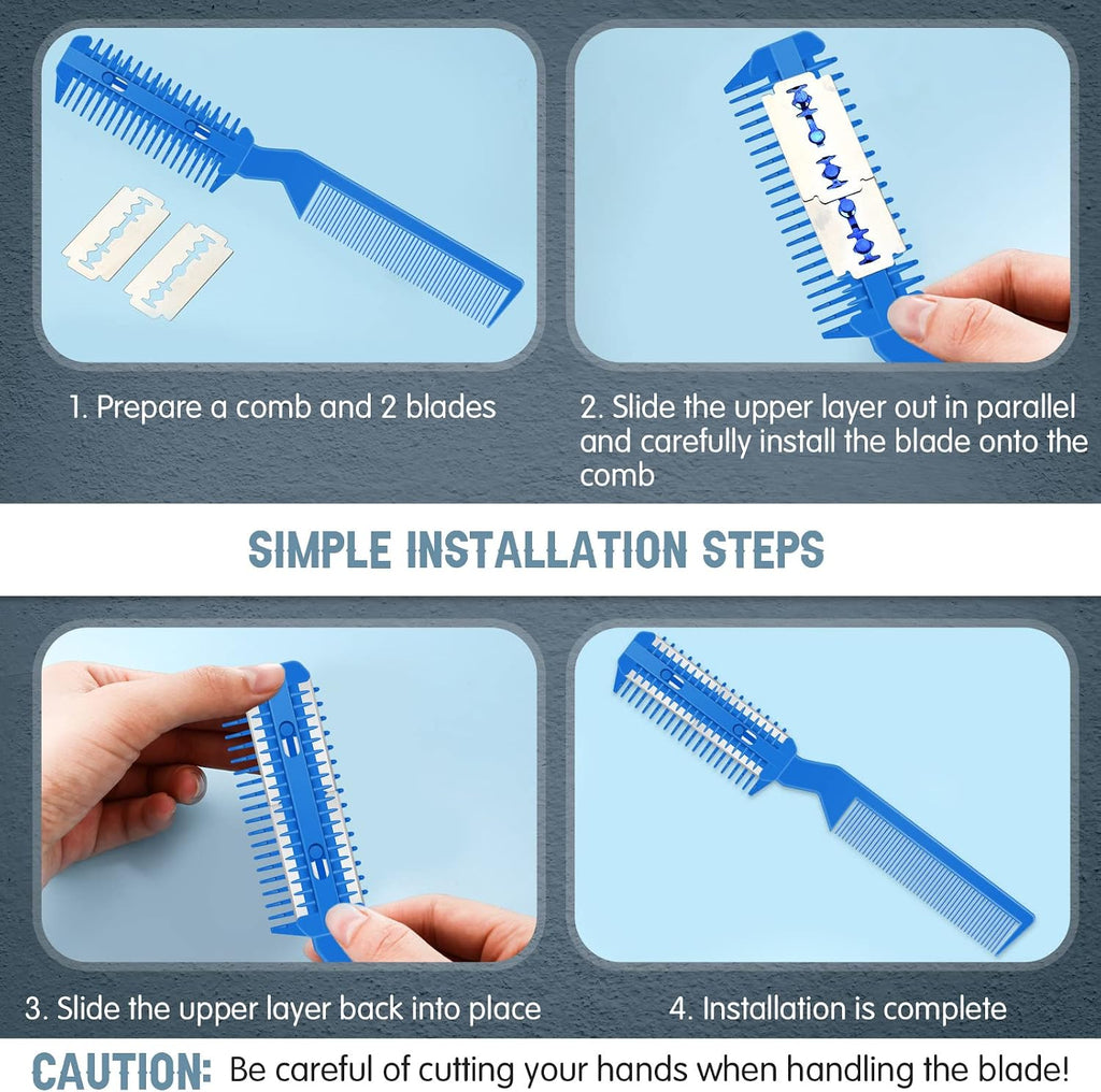 Blue pet grooming comb with 25 extra stainless steel replacement blades display