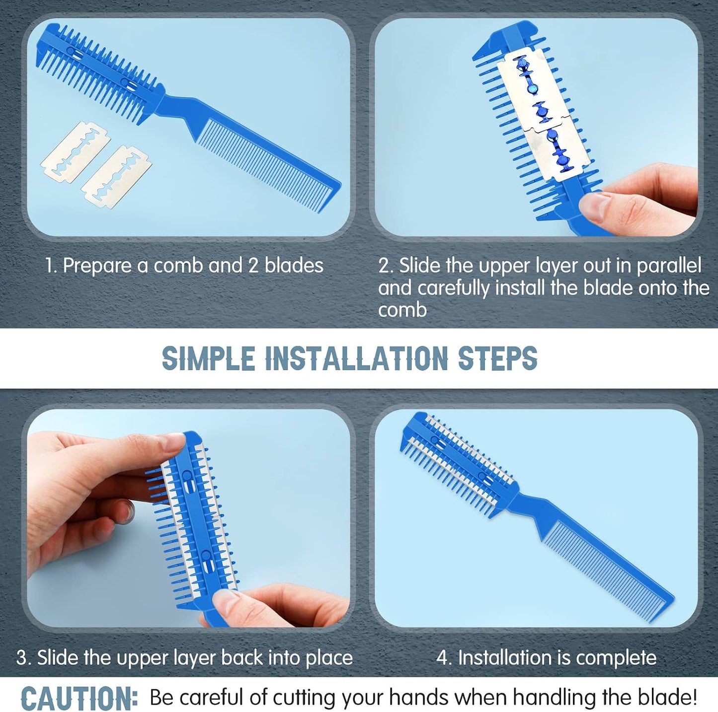 Blue pet grooming comb with 25 extra stainless steel replacement blades display