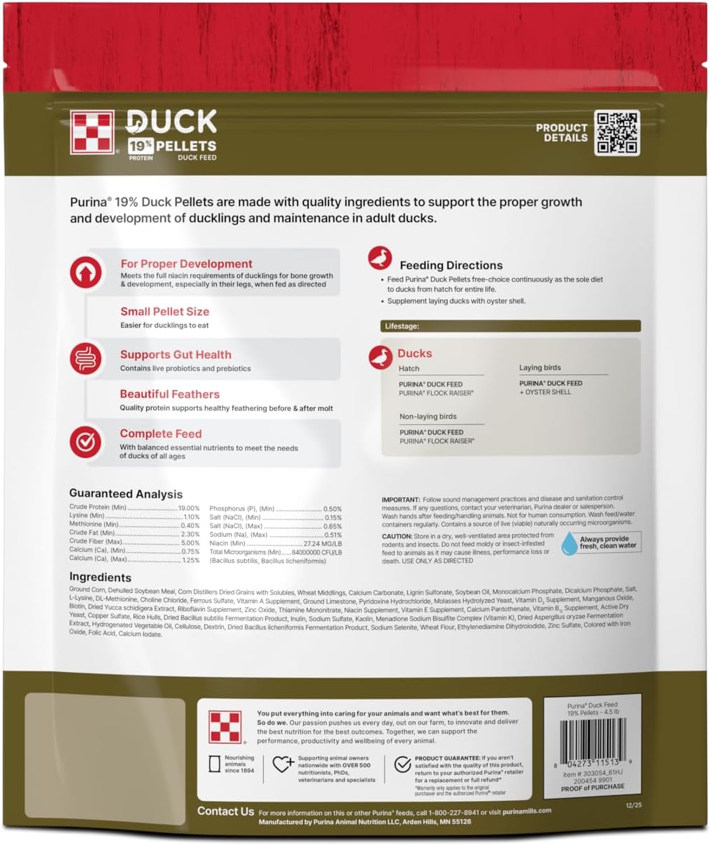 Close up view of Purina duck feed pellets showing size and texture