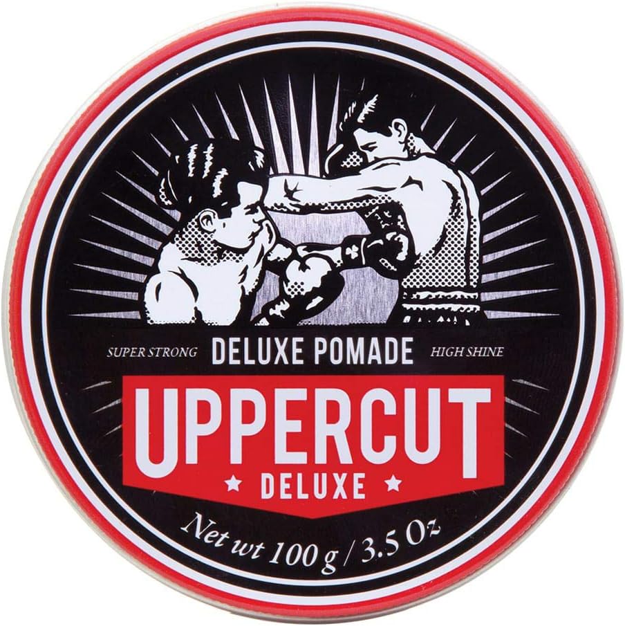 Uppercut Deluxe Hair Pomade 3.5 Ounces front view tin displaying the classic boxer illustration logo.