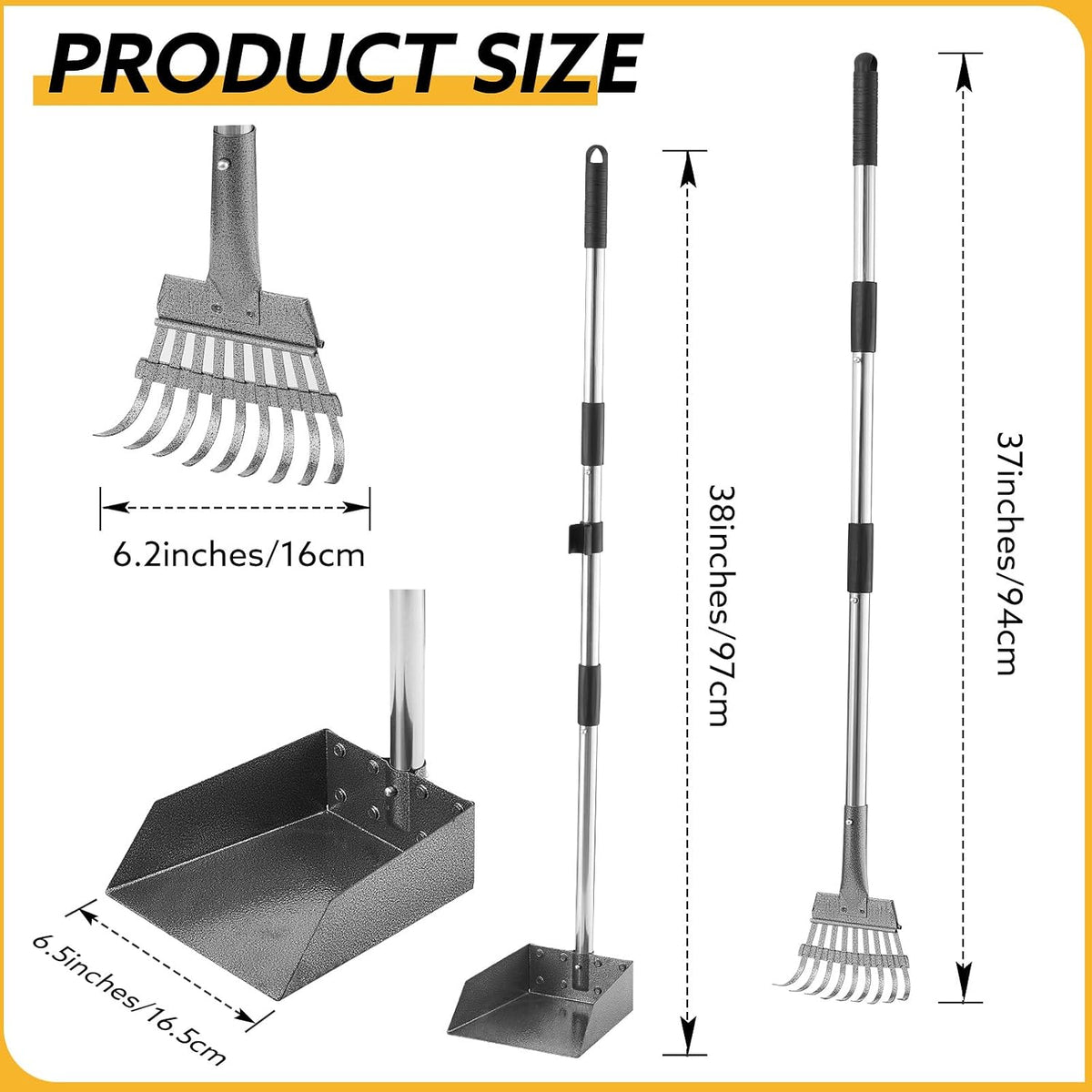 Durable rustproof aluminum dustpan and carbon steel rake components of the pet waste removal tool.