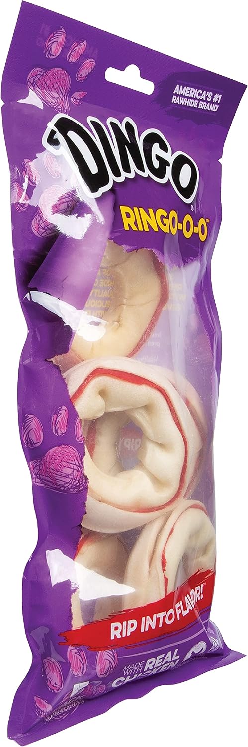 Ring shaped dog chews with real chicken center close up