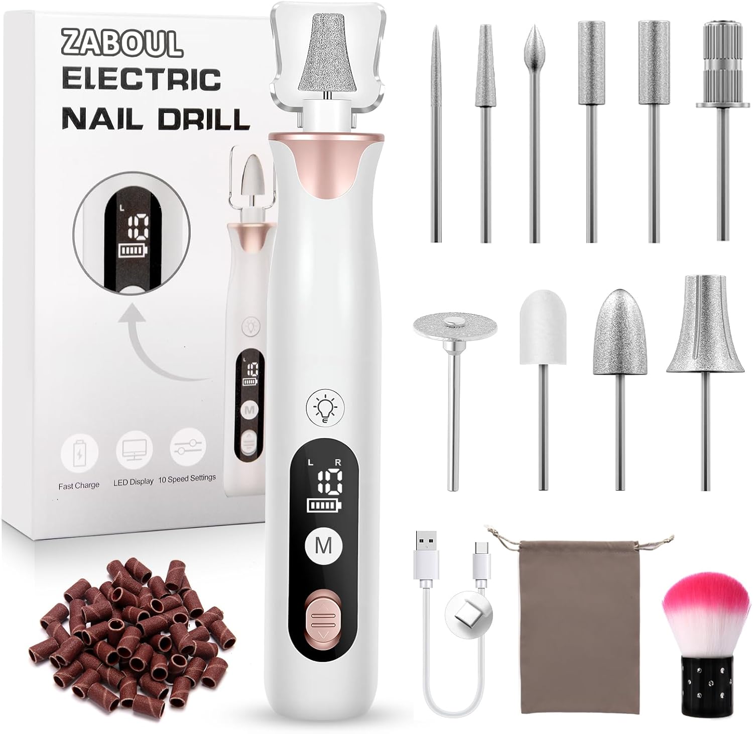 Zaboul electric nail drill kit front view with rose gold accents