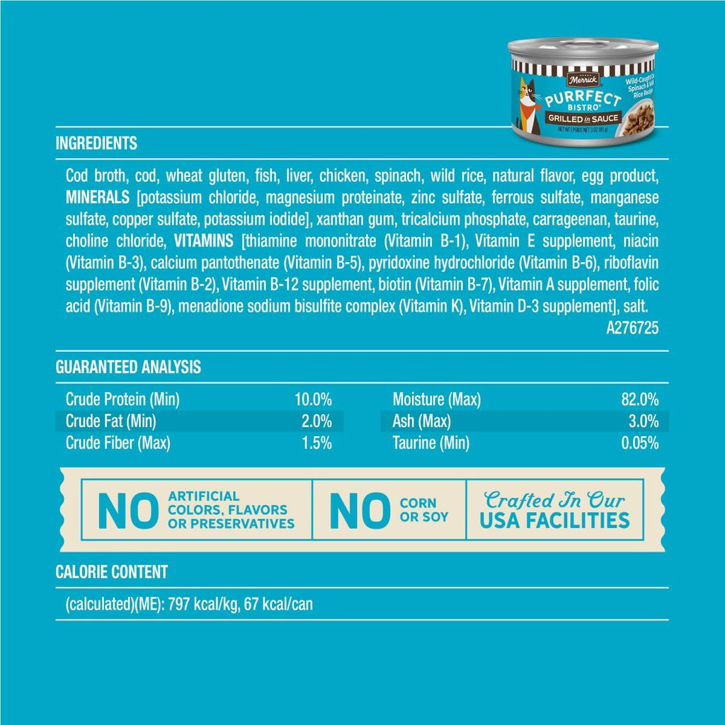 Side view of 3 Ounce Merrick Purrfect Bistro cat food can