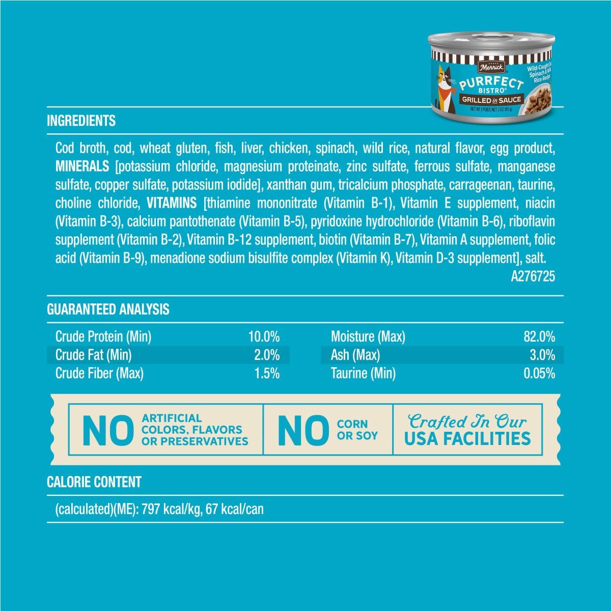Side view of 3 Ounce Merrick Purrfect Bistro cat food can