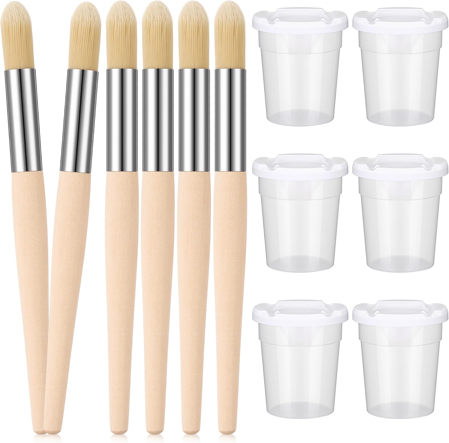 Sinload kids watercolor paint brush set front view showing chubby wooden handles and colorful paint cups with lids.