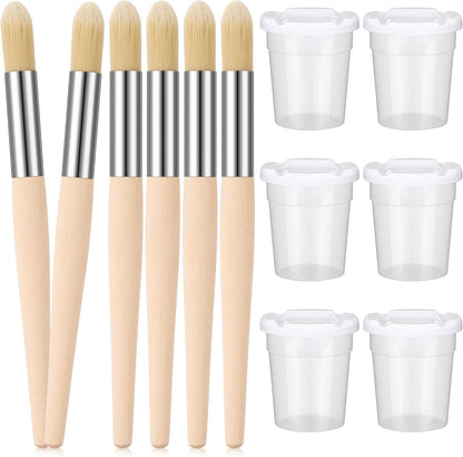 Sinload kids watercolor paint brush set front view showing chubby wooden handles and colorful paint cups with lids.
