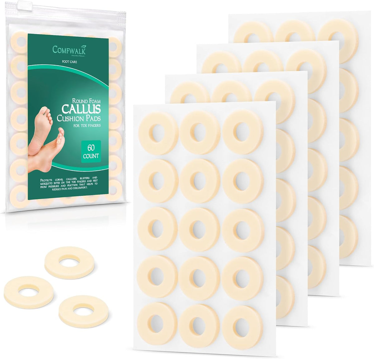 Comfwalk Callus Cushions Pads front view 60 count pack for foot pain relief.
